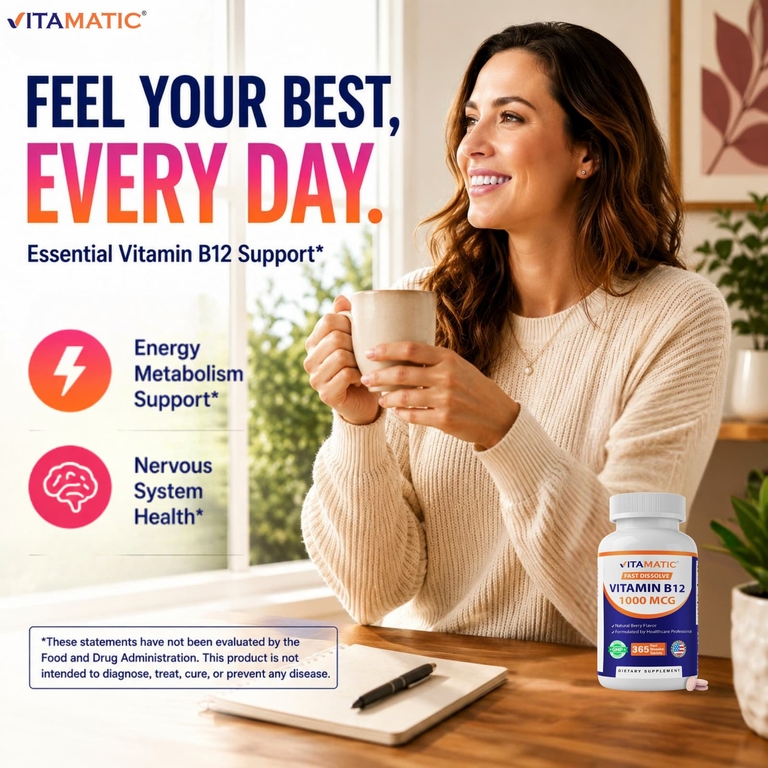 Vitamatic, быстрорастворимый витамин B12, с ягодным вкусом, 1000 мкг, 365 быстрорастворимых таблеток