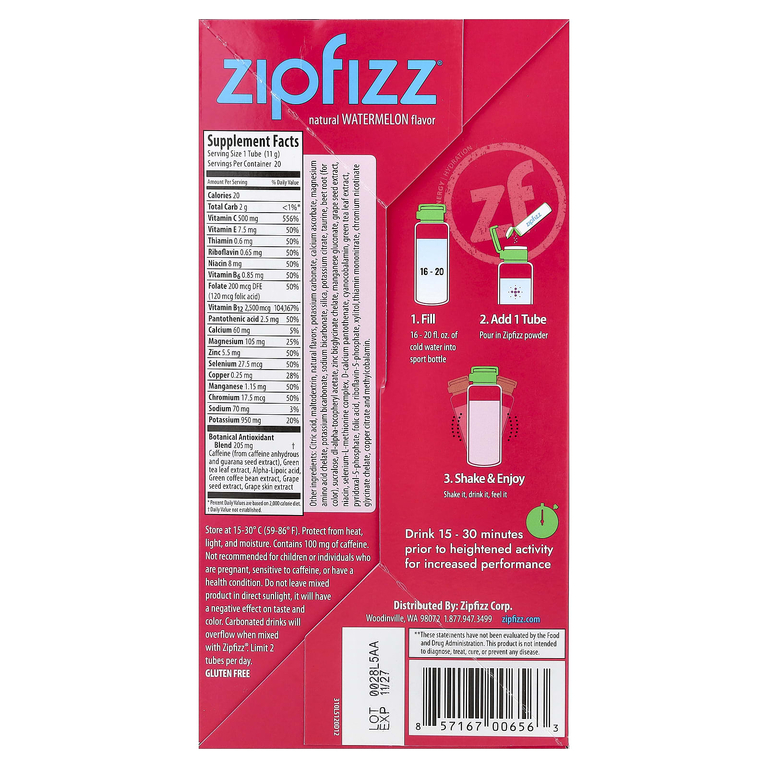 Zipfizz, смесь для энергетического напитка, со вкусом арбуза, 20 тюбиков по 11 г (0,39 унции)