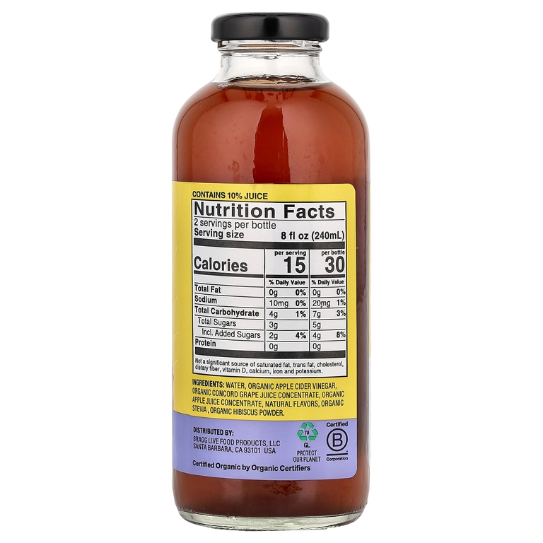 Bragg, Освежающие органический яблочный уксус, напиток, Concord Grape и гибискус, 473 мл