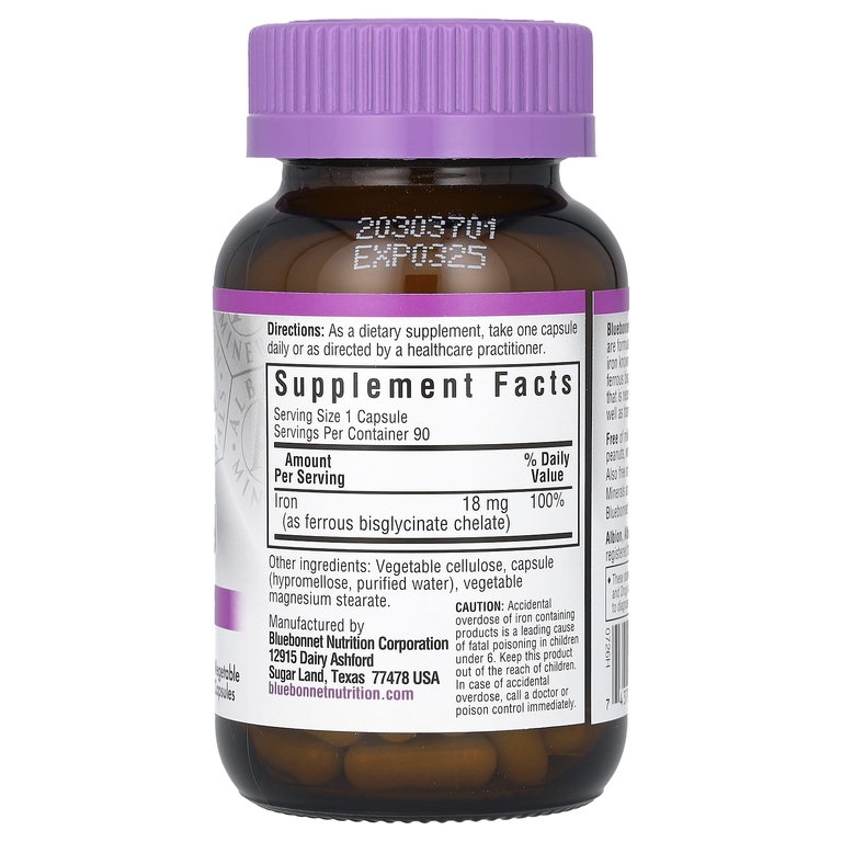 Bluebonnet Nutrition, железо в хелатной форме, 18 мг, 90 растительных капсул