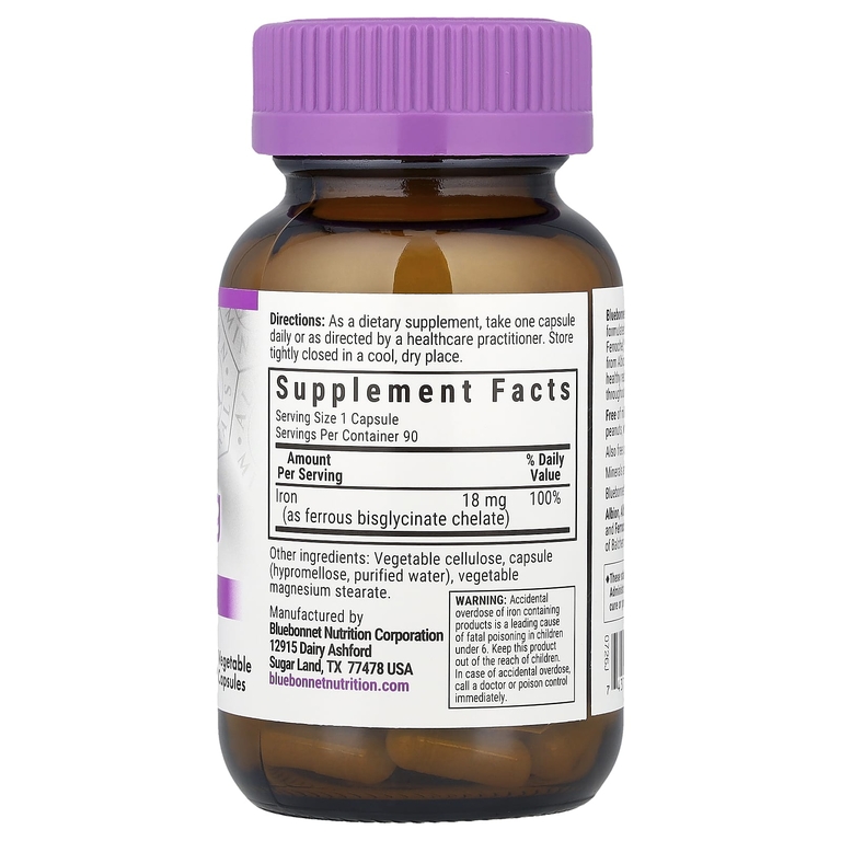 Bluebonnet Nutrition, железо в хелатной форме, 18 мг, 90 растительных капсул