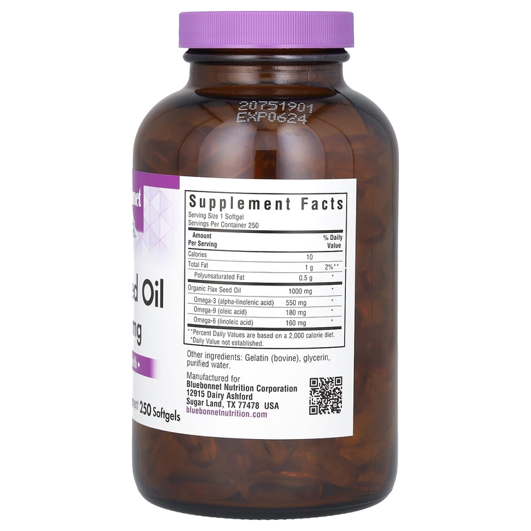 Bluebonnet Nutrition, Органическое льняное масло, 1000 мг, 250 мягких таблеток