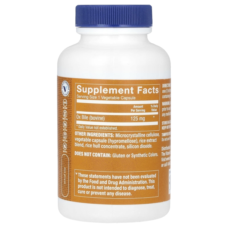 The Vitamin Shoppe, Бычья желчь, 100 растительных капсул (125 мг на капсулу)