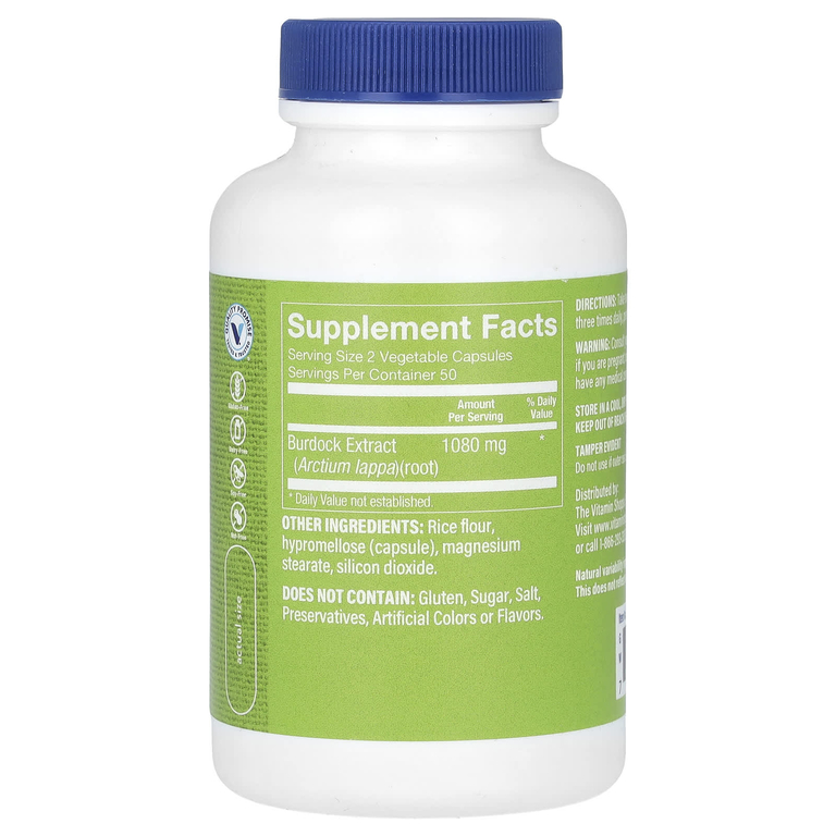 The Vitamin Shoppe, Корень лопуха, 100 растительных капсул (540 мг на капсулу)