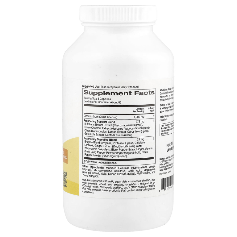 Super Nutrition, добавка для поддержки вен с диосмином, иглицей колючей, конским каштаном, биофлавоноидами и ферментами, 250 растительных капсул