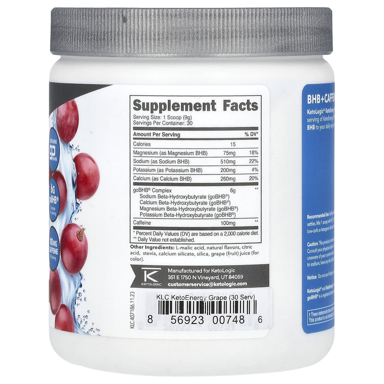 KetoLogic, Keto Energy, BHB с кофеином, со вкусом винограда, 255 г (9,1 унции)