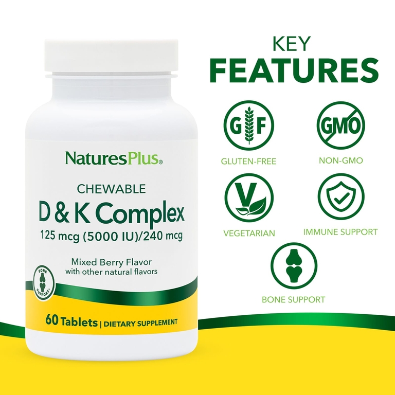 NaturesPlus, жевательный комплекс D и K, ягодное ассорти, 60 таблеток