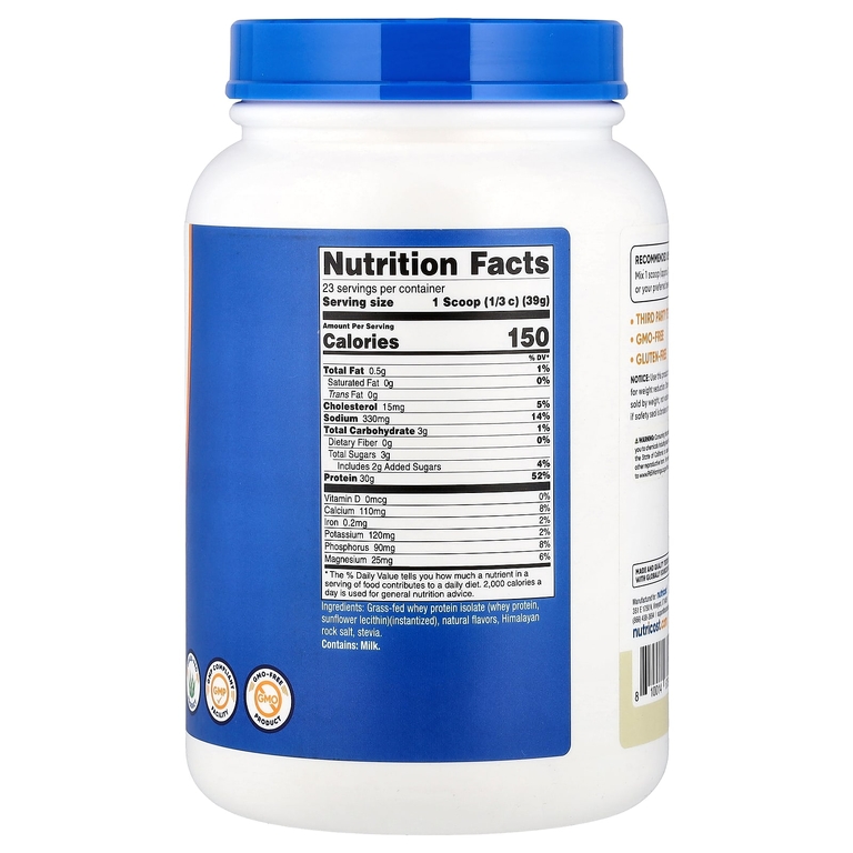 Nutricost, изолят сывороточного протеина от коров травяного откорма, со вкусом ванили, 907 г (2 фунта)