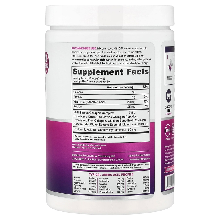 Vitauthority, Collagen Protein+, коллаген нескольких типов, без добавок, 234 г (8,26 унции)