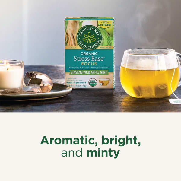 Traditional Medicinals, Organic Stress Ease® Focus, женьшень, дикое яблоко и мята, без кофеина, 16 чайных пакетиков в упаковке, 28 г (0,99 унции)