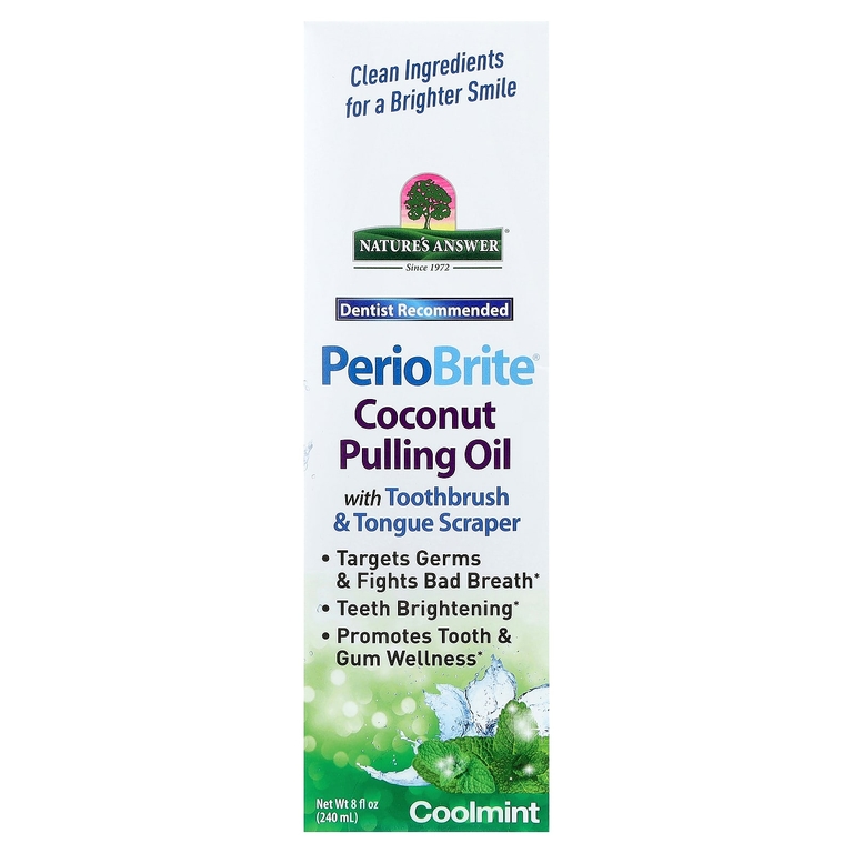 Nature's Answer, PerioBrite кокосовое масло для вытягивания со скребком для зубов и языка, холодная мята, 240 мл (8 жидк. унц.)