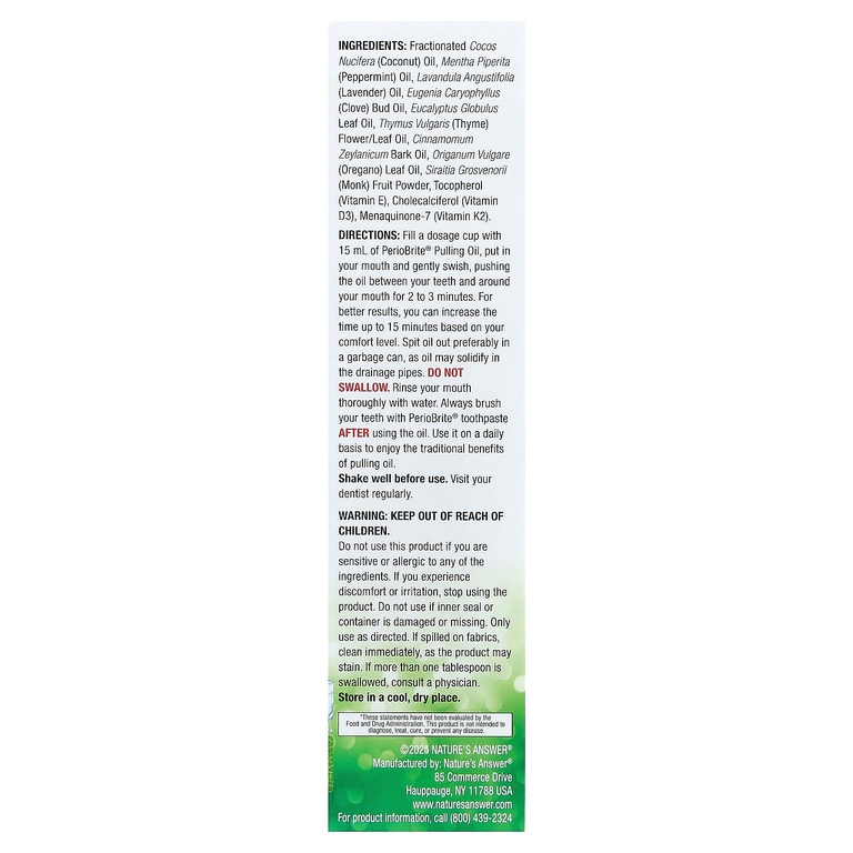 Nature's Answer, PerioBrite кокосовое масло для вытягивания со скребком для зубов и языка, холодная мята, 240 мл (8 жидк. унц.)