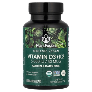 PlantFusion, Органический веганский витамин D3 + K2, 5000 МЕ / 50 мкг, 60 органических вегетарианских капсул