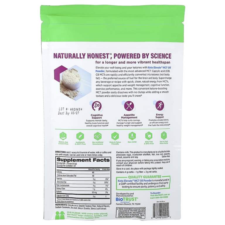 BioTRUST, Keto Elevate™, порошок из масла MCT, фундук, 190 г (6,7 унции)