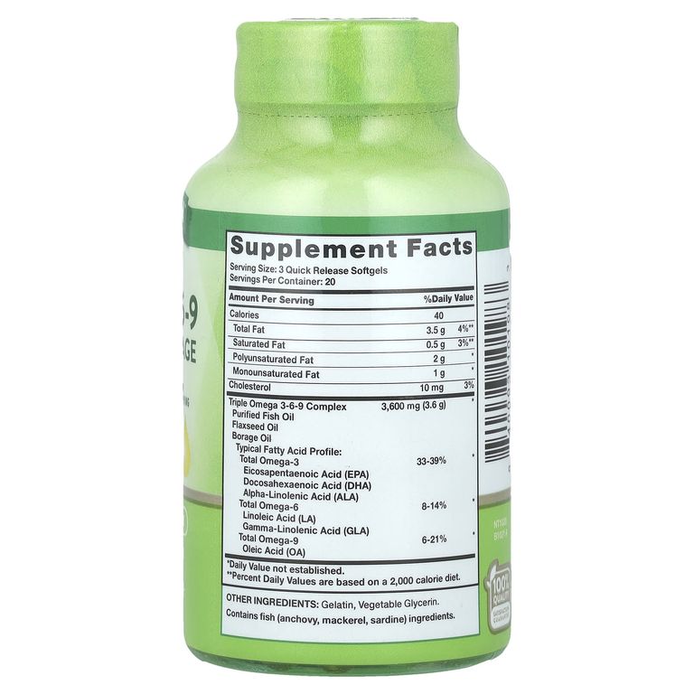 Nature's Truth, Triple Omega 3-6-9, рыба, лен, бурачник, 60 капсул быстрого действия