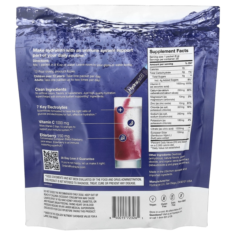 Hydralyte, Hydralyte Plus +, порошок с шипучим электролитом, ягодный вкус, 20 пакетиков по 9 г (0,31 унции)