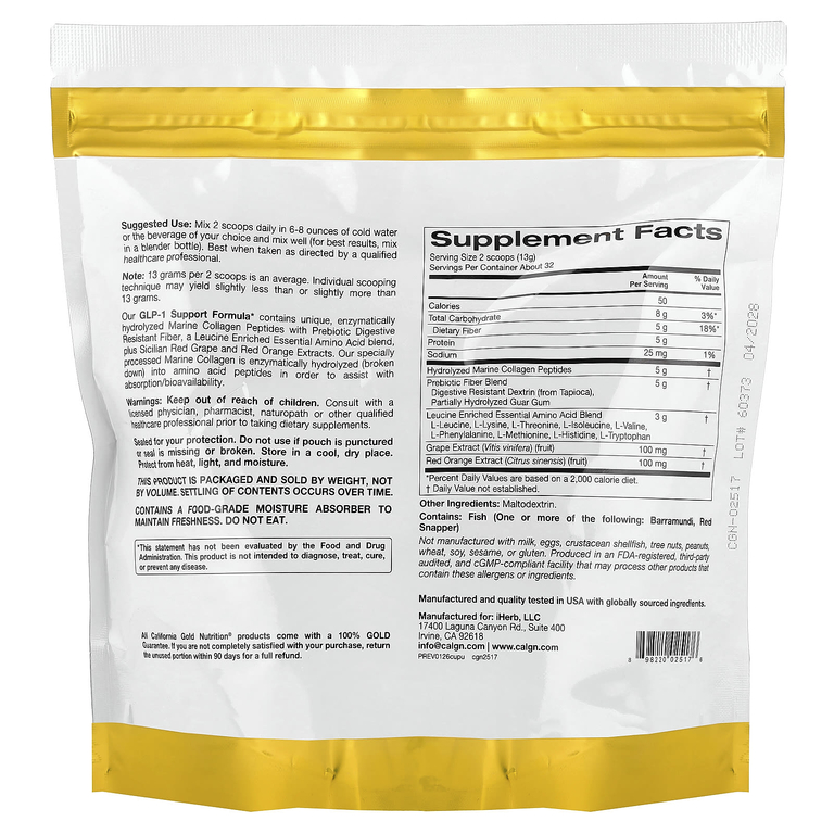California Gold Nutrition, добавка для поддержания уровня ГПП-1 с пептидами коллагена, пребиотической клетчаткой и незаменимыми аминокислотами, с нейтральным вкусом, 410 г (14,46 унции)