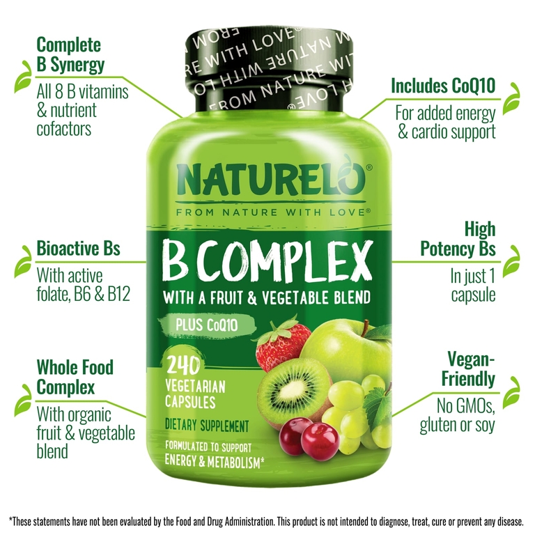 NATURELO, Комплекс витаминов группы B со смесью фруктов и овощей, плюс коэнзим Q10, 240 вегетарианских капсул