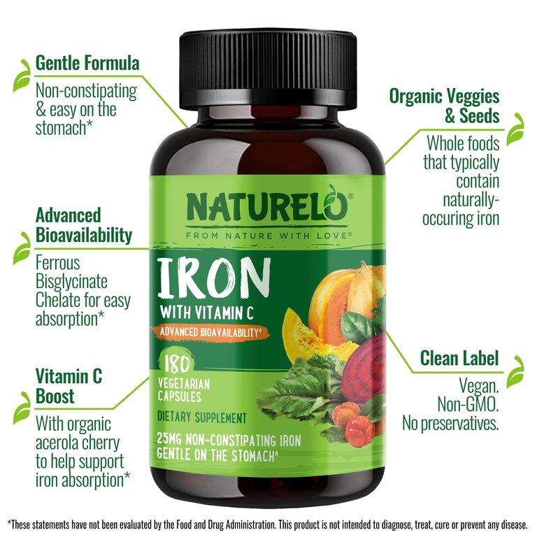 NATURELO, Железо с витамином C, 180 вегетарианских капсул