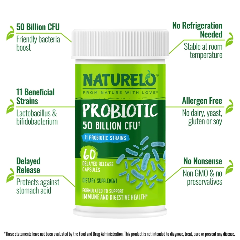 NATURELO, Пробиотик, 50 млрд КОЕ, 60 капсул с отсроченным высвобождением