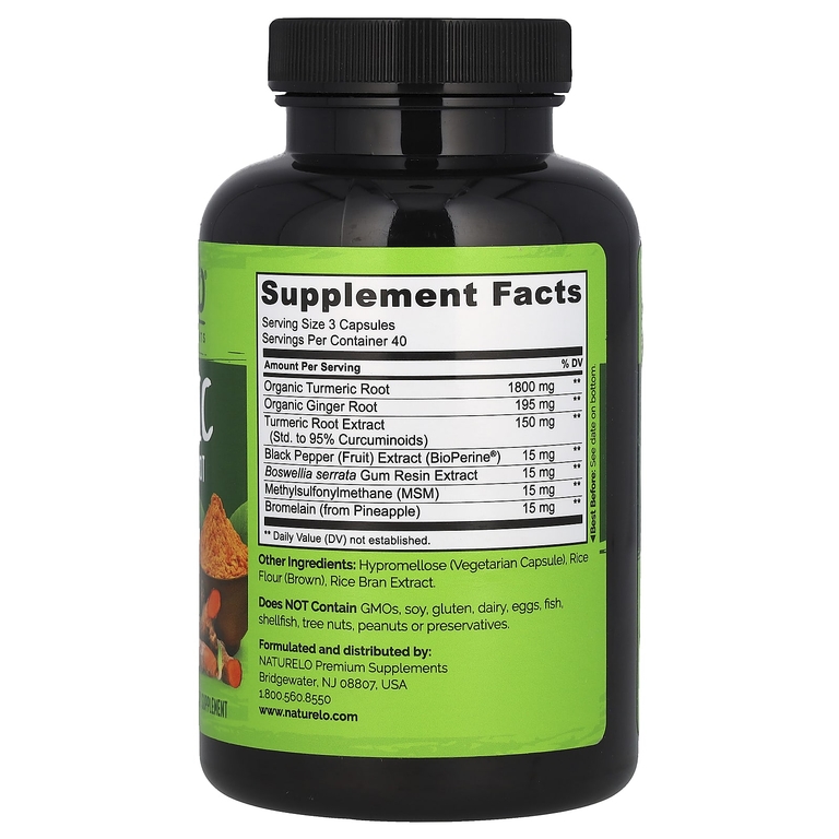 NATURELO, Куркумин, куркумин и корень имбиря с Bioperine®, 120 вегетарианских капсул