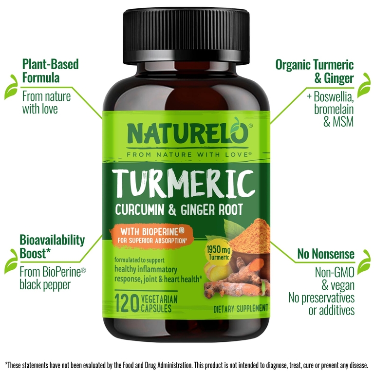 NATURELO, Куркумин, куркумин и корень имбиря с Bioperine®, 120 вегетарианских капсул