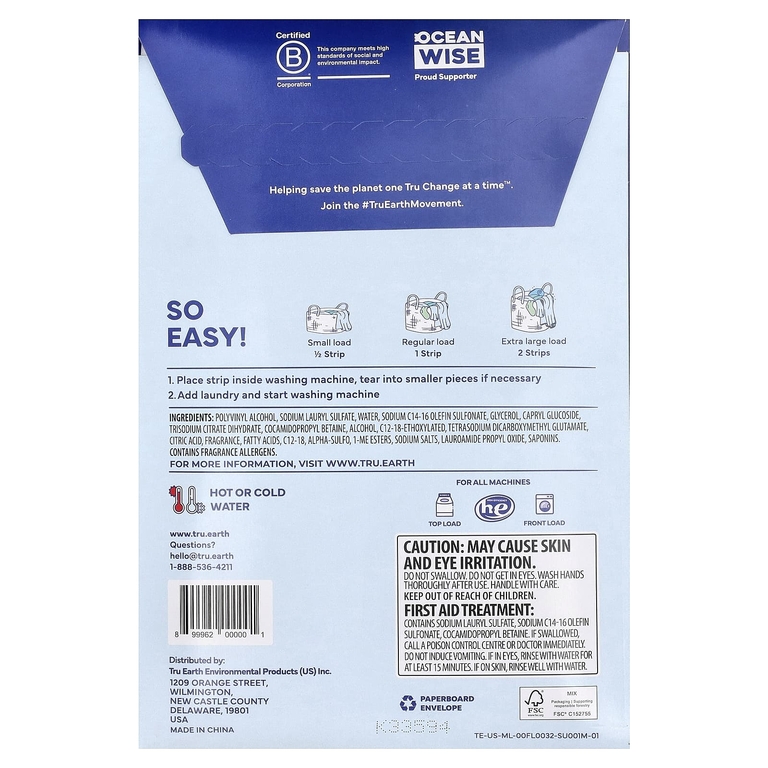 Tru Earth, салфетки для стирки, свежесть льна, 32 шт. Eco-Strips®