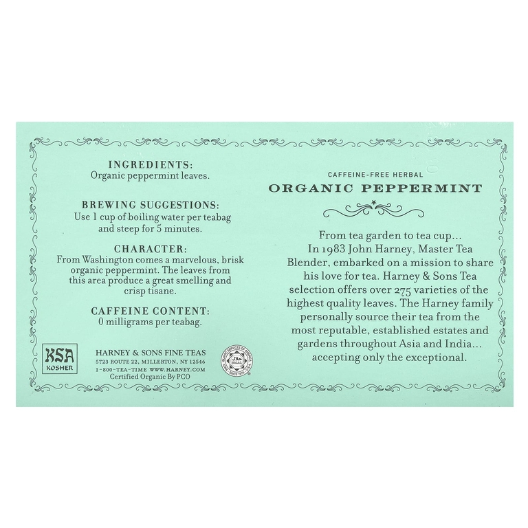 Harney & Sons, травяной чай, органическая перечная мята, без кофеина, 50 чайных пакетиков, 50 г (1,76 унции)