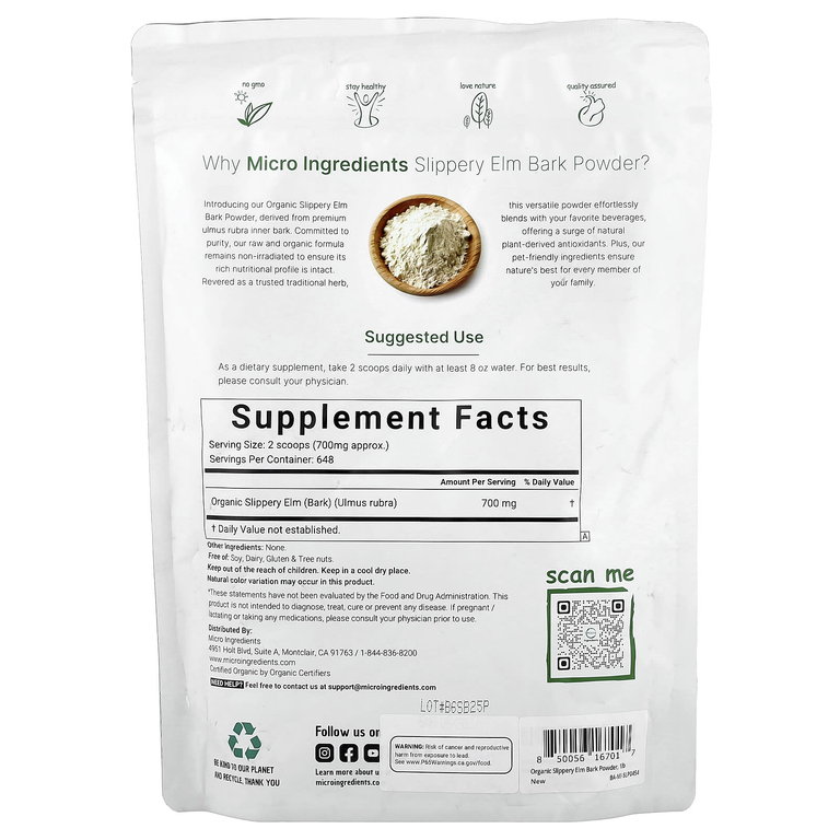Micro Ingredients, Органический порошок из коры вяза скользкого, 454 г (1 фунт)