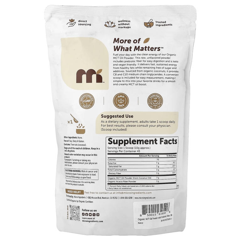 Micro Ingredients, органическое масло MCT в порошке с пребиотической клетчаткой, 454 г (1 фунт)