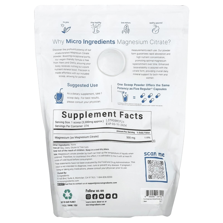 Micro Ingredients, Цитрат магния, без добавок, 907 г (2 фунта)