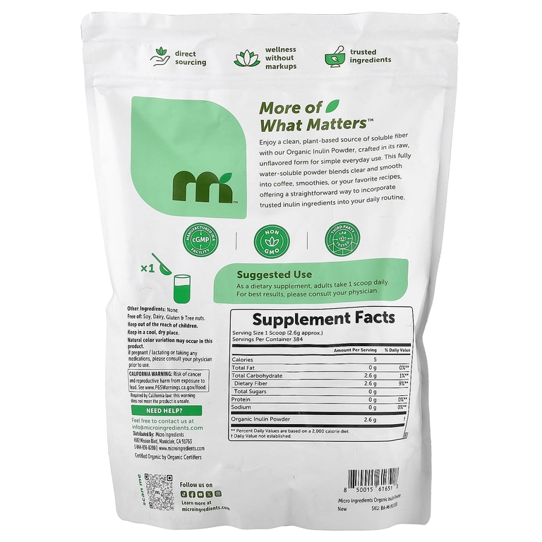 Micro Ingredients, органический инулин в порошке, с нейтральным вкусом, 1 кг (35,2 унции)