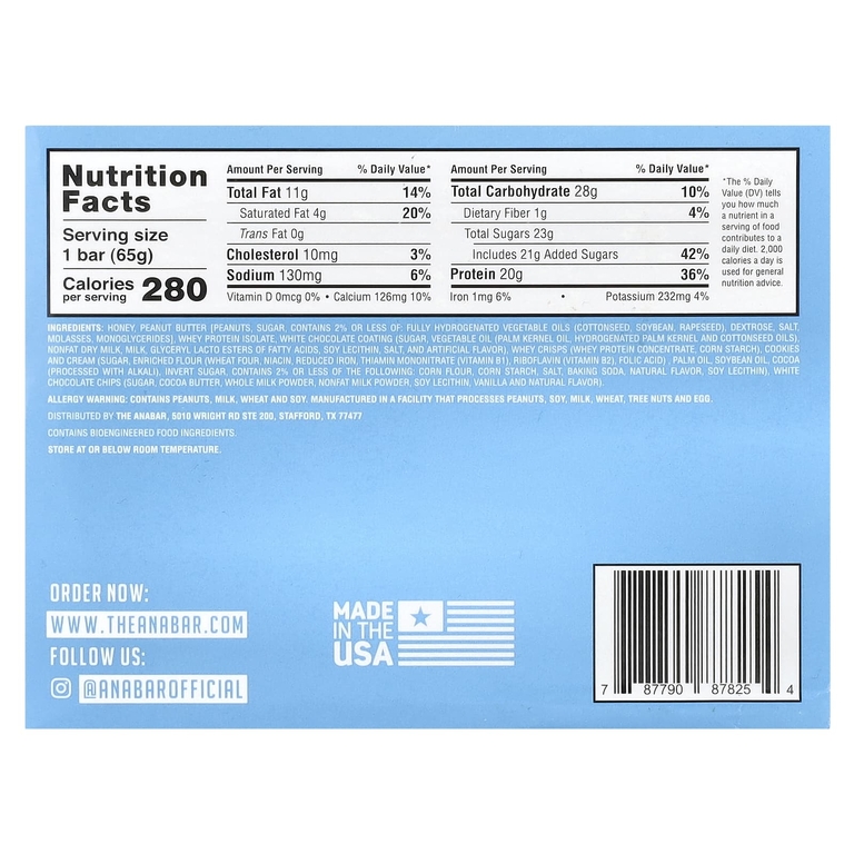 The Anabar, The Protein-Packed Candy Bar®, печенье с кремом из белого шоколада, 12 батончиков по 65 г (2,29 унции)