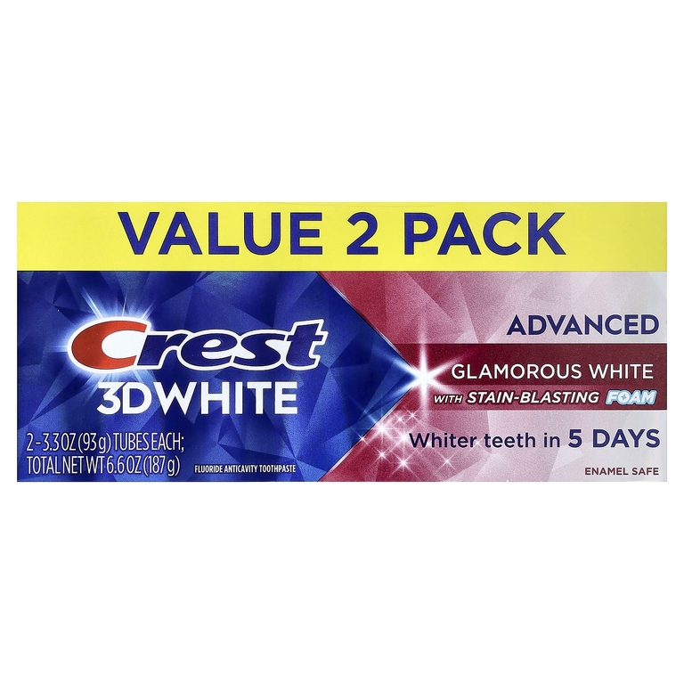 Crest, 3D White, фторсодержащая зубная паста от кариеса, улучшенная, с эффектом гламурного белого цвета, 2 тюбика по 93 г (3,3 унции)