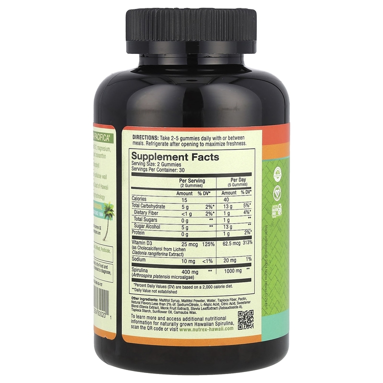 Nutrex Hawaii, Pure Hawaiian Spirulina, гавайская спирулина с витамином D3, 60 жевательных таблеток из тропических фруктов