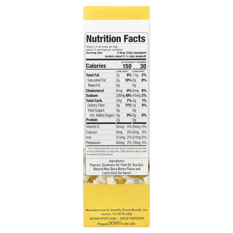 SkinnyPop, попкорн, со вкусом масла, 6 пакетиков по 79 г (2,8 унции) (Товар снят с продажи) 