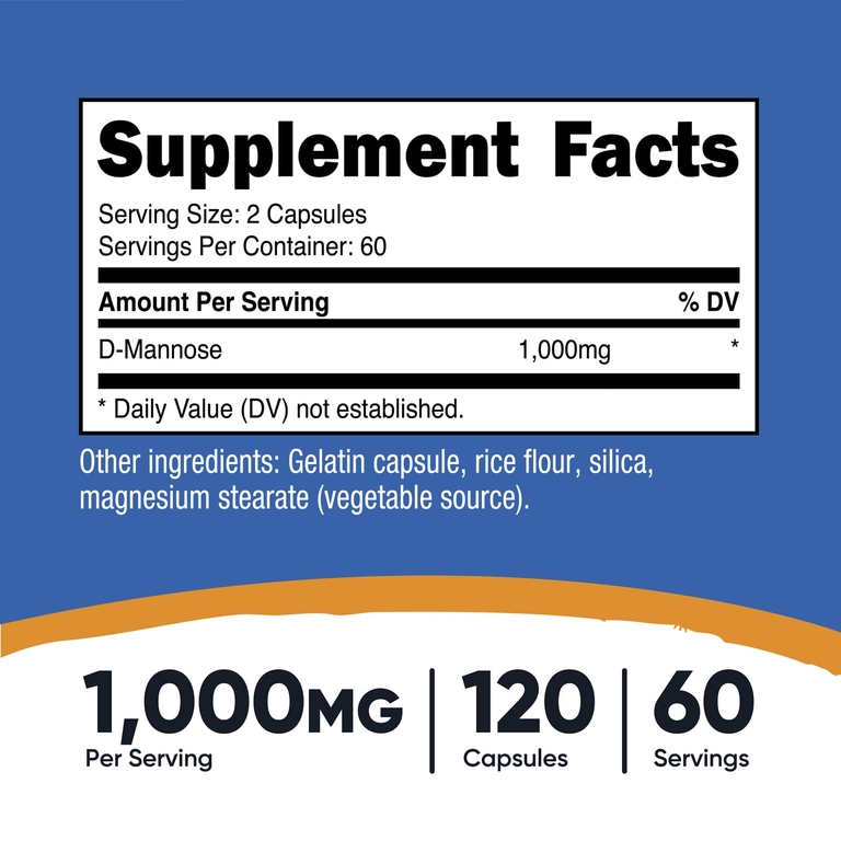 Nutricost, D-манноза, 120 капсул (500 мг в 1 капсуле)
