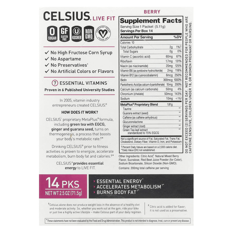 Celsius, Live Fit, ягоды, 14 пакетиков по 5,11 г (0,18 унции)