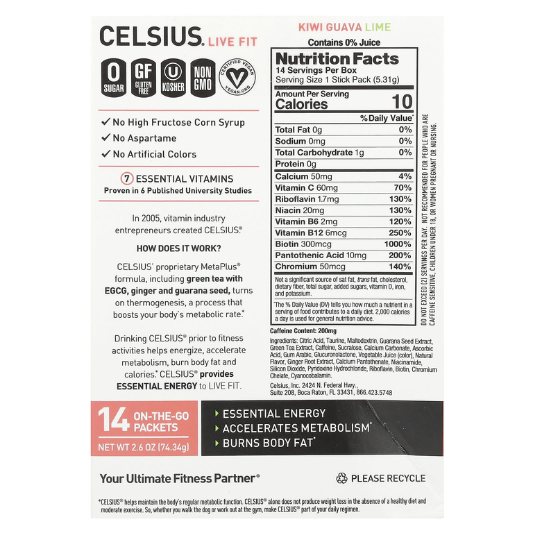 Celsius, Live Fit, киви и гуава, лайм, 14 пакетиков, по 5,31 г (0,19 унции)