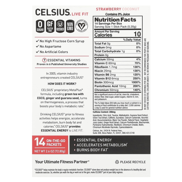 Celsius, Live Fit, клубника и кокос, 14 упаковок, по 5,2 г (0,18 унции)