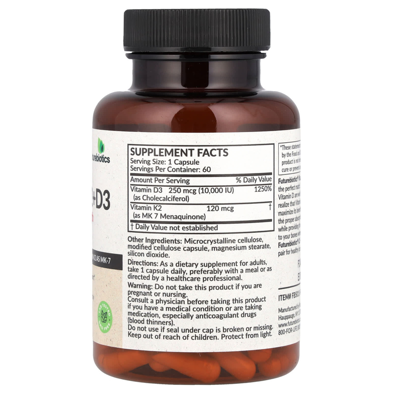 Futurebiotics, витамины K2 и D3, повышенная сила действия, 60 капсул
