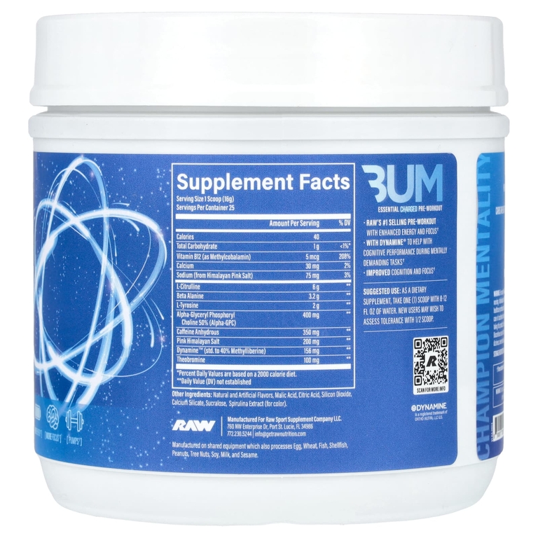 Raw Nutrition, Bum Essentials, Essential Charged перед тренировкой, голубая малина, 400 г (0,88 фунта)