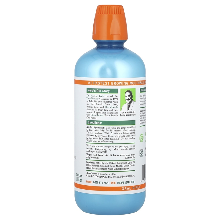 TheraBreath, Ополаскиватель для полости рта Fresh Breath, бодрящая ледяная мята, 1 л (33,8 жидк. унц.)