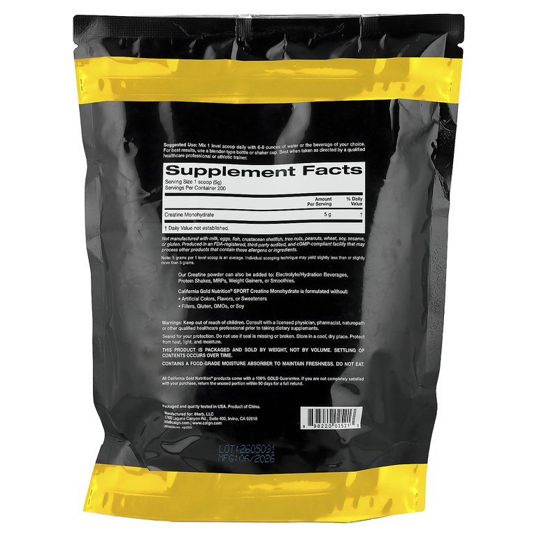 California Gold Nutrition, Sport, чистый моногидрат креатина, с нейтральным вкусом, 1 кг (2,2 фунта)