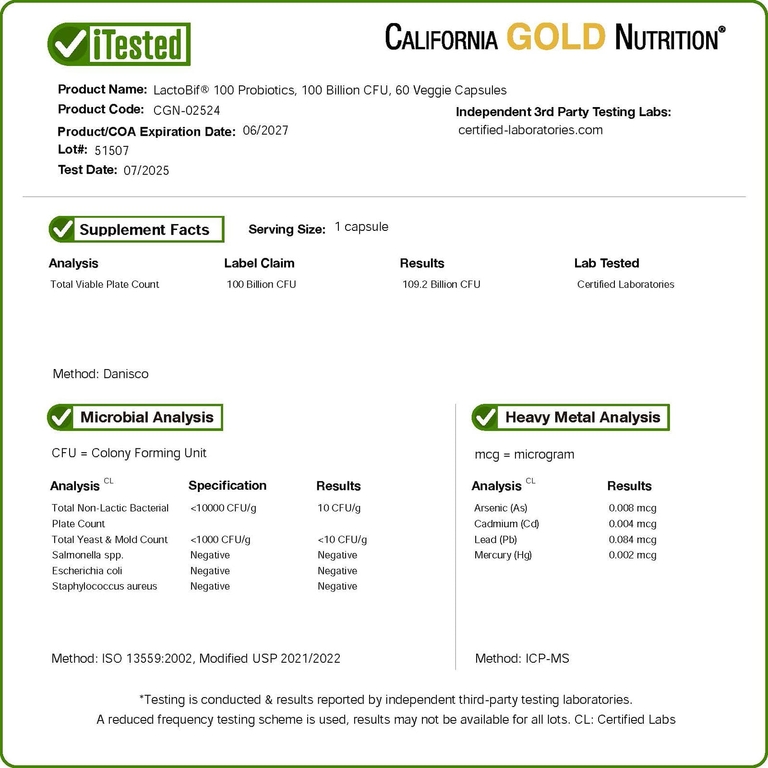 California Gold Nutrition, LactoBif® 100, пробиотики, 100 млрд КОЕ, 60 растительных капсул