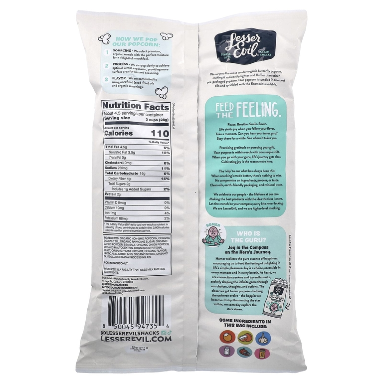 LesserEvil, Popcorn, смесь Гомера, соцветие чеснока, 130 г (4,6 унции)