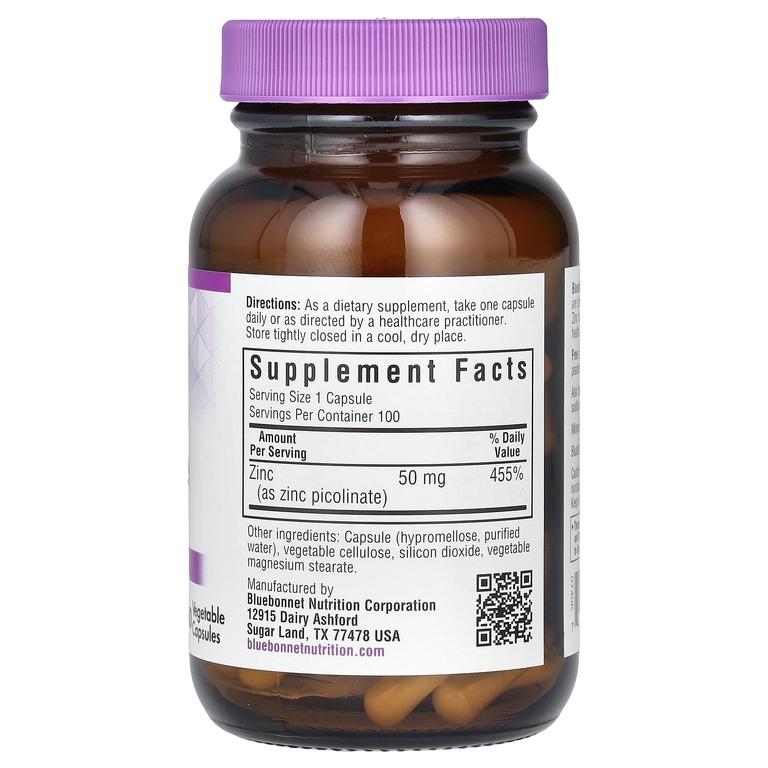 Bluebonnet Nutrition, пиколинат цинка, 50 мг, 100 растительных капсул