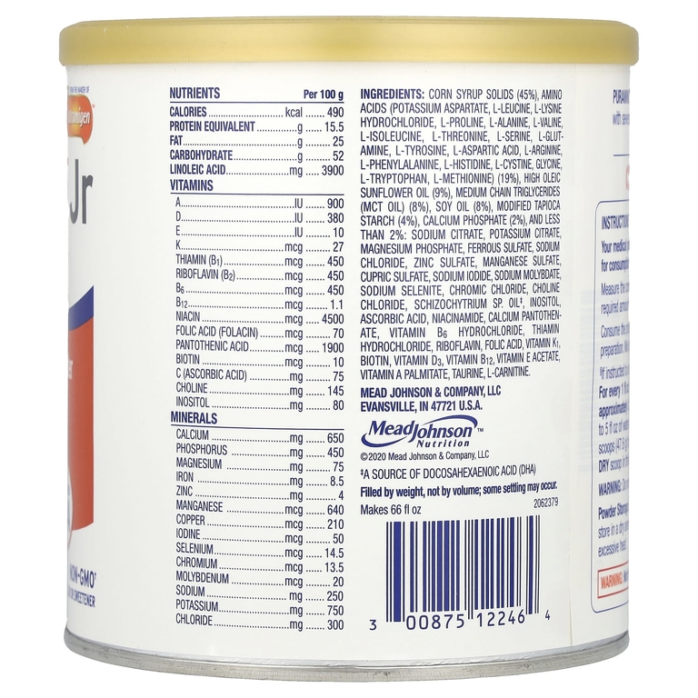 Enfamil, PurAmino ™ Jr, медицинское питание, пищевой порошок на аминокислотной основе, для детей от 1 года, без добавок, 400 г (14,1 унции)