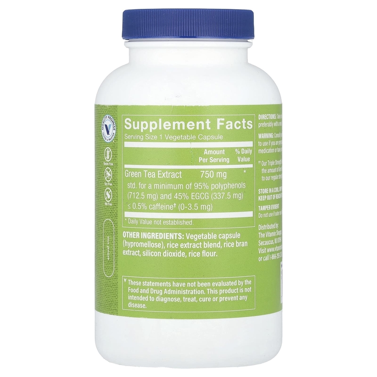 The Vitamin Shoppe, Экстракт зеленого чая, тройная сила действия, без кофеина, 200 растительных капсул (750 мг на капсулу)