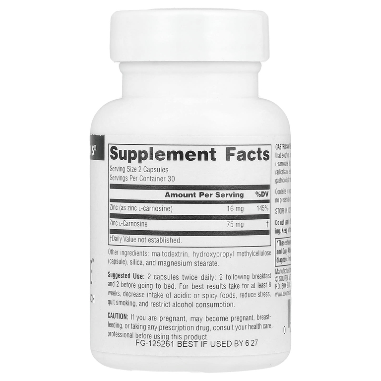 Source Naturals, Комплекс с цинком и L-карнозином для защиты слизистой оболочки желудка, 60 капсул